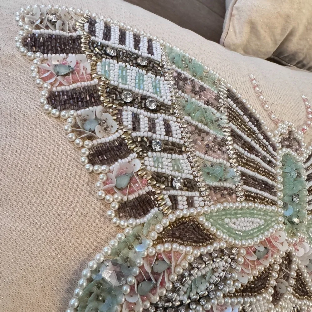 Pier 1 Butterfly Throw Pillows Set Beaded Sequins Beige Fairy Cottagecore Garden